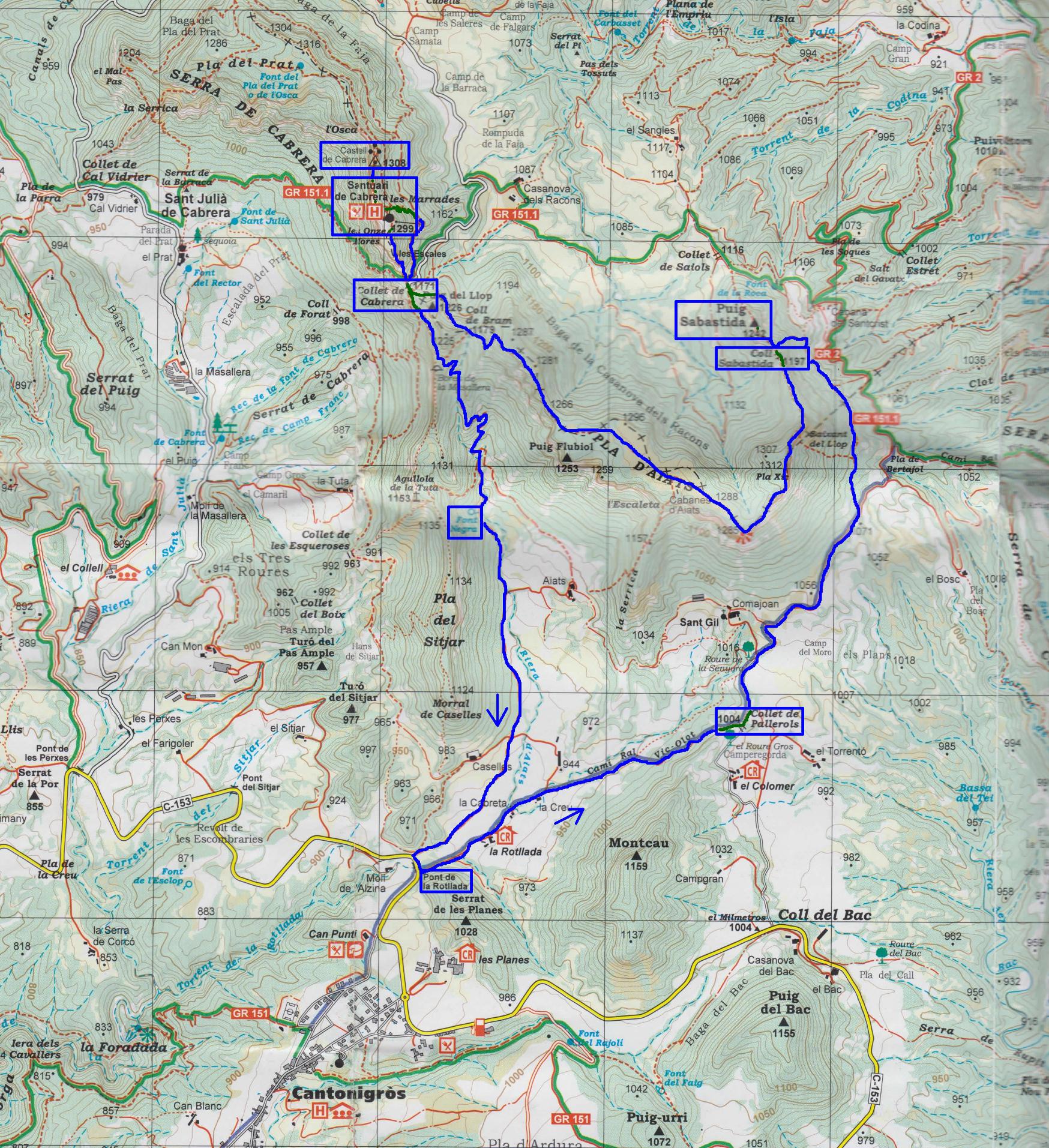 Mapa croquis del recorrido desde La Rotllada por el Camí Ral hacia el Puig Sabastida y Santuario de Cabrera por el Pla d'Aiats.